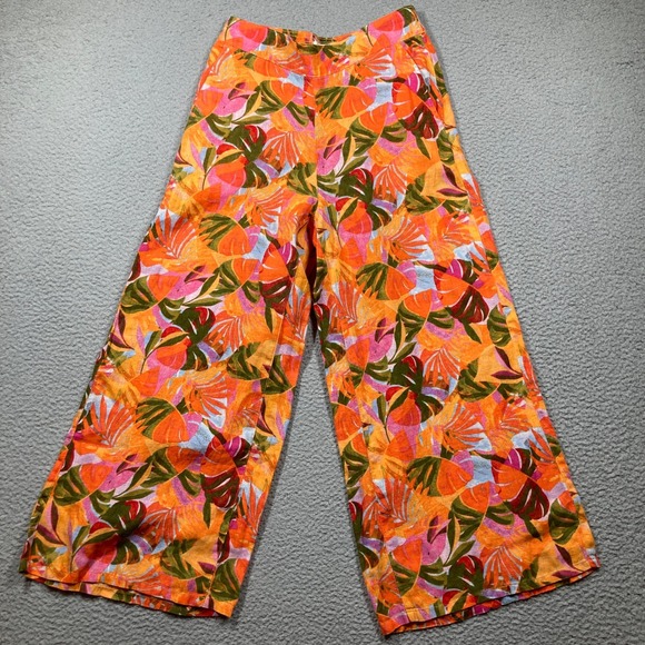 C&C California Pants - C&C California Linen Pants Womens Small Orange Tropical Floral Wide‎ Leg Cropped